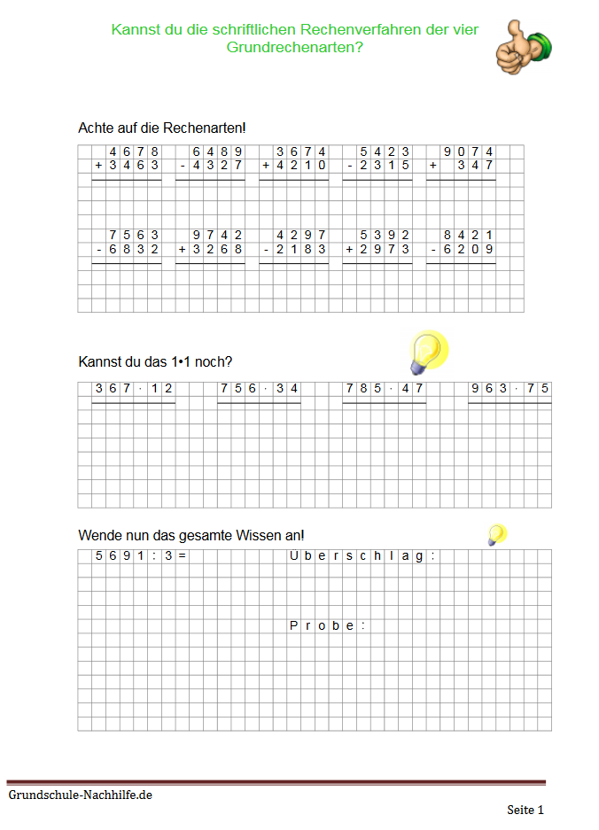 Arbeitsblatt Nachhilfe Mathe Klasse 3,4 und 5 Vier schriftliche